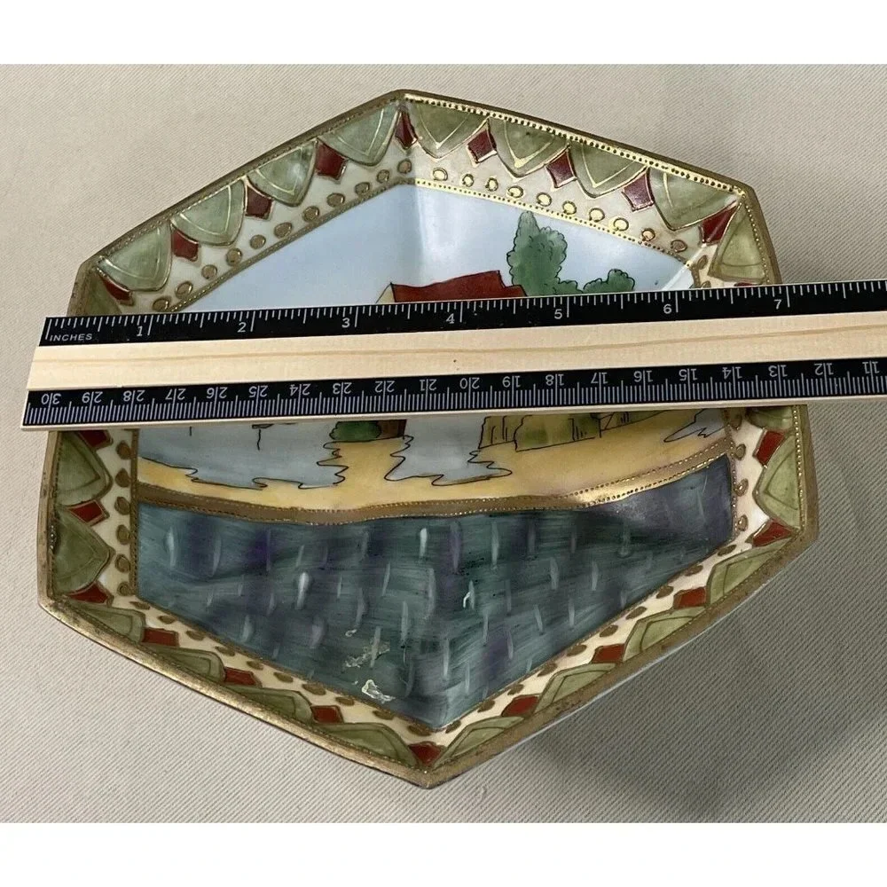 Imperial Nippon Hand Painted Footed Candy Dish Hexagon Water Scene READ‎ 7” VTG